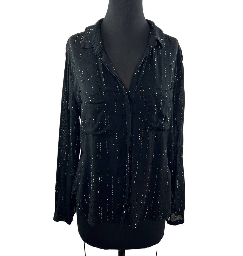 BELLA DAHL Black/White Top Polka Dot Button-Up Collar Front Pocket Long Sleeve M